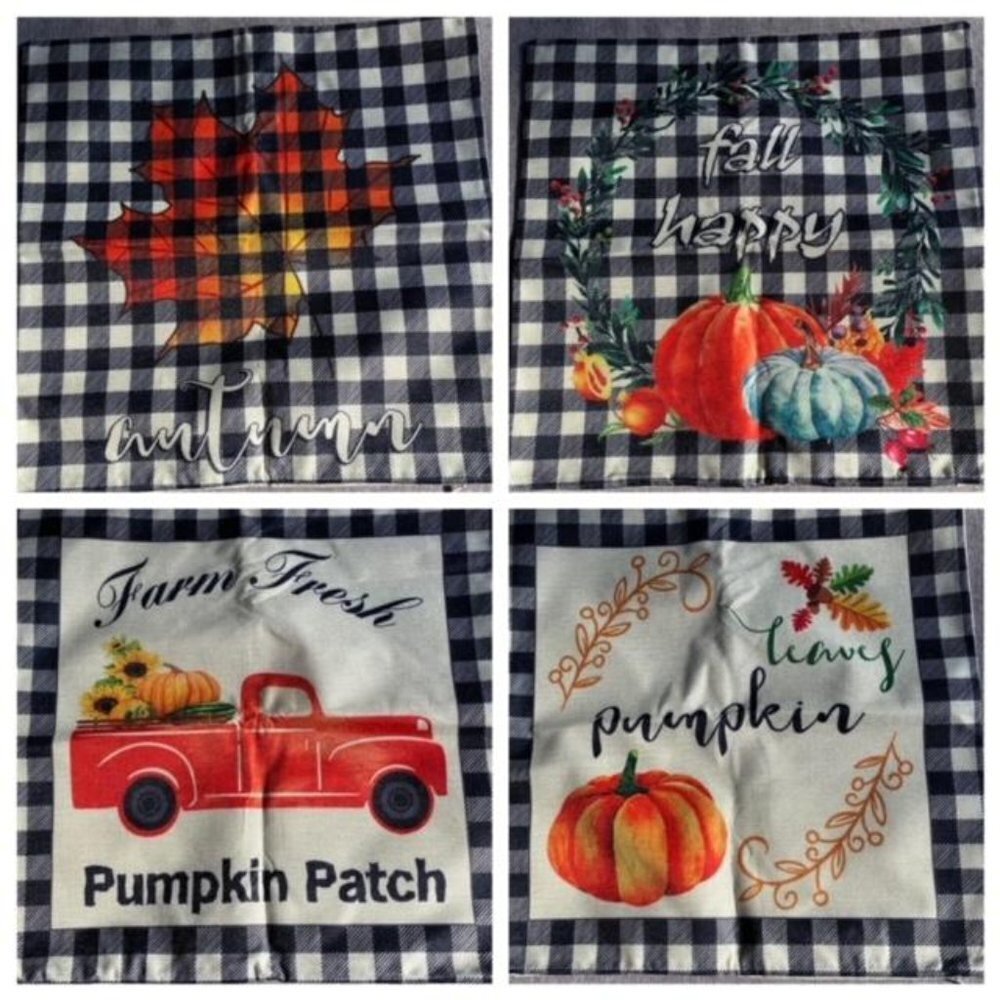 4 Pack Fall Black White Buffalo Plaids Pumpkin Pillow Covers 18"x18"